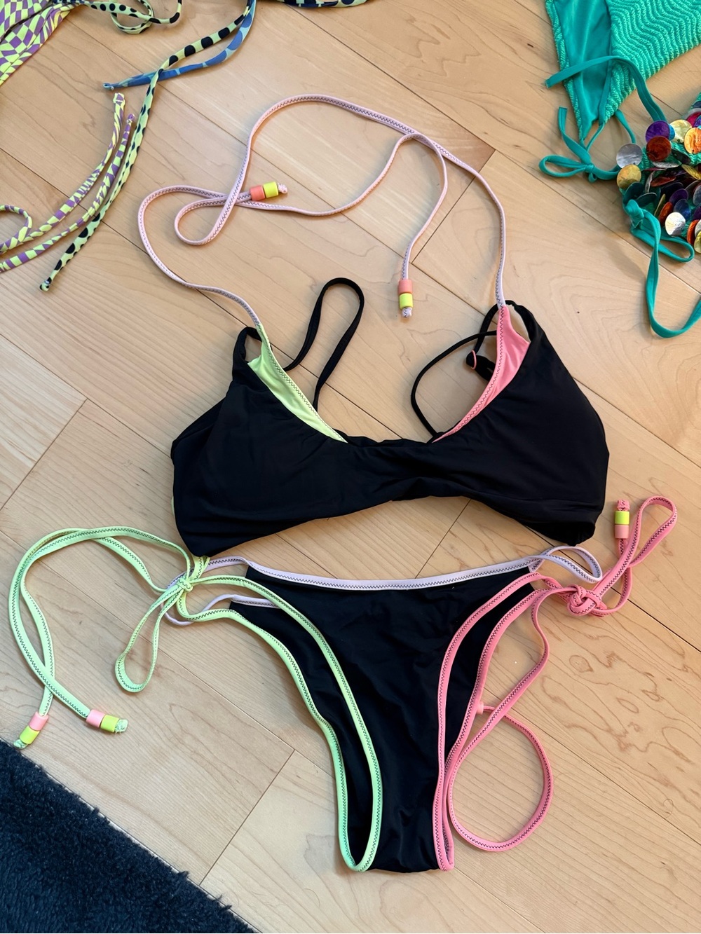 Oneone Black Bikini Set with Neon Pink & Lime Trim - size medium
